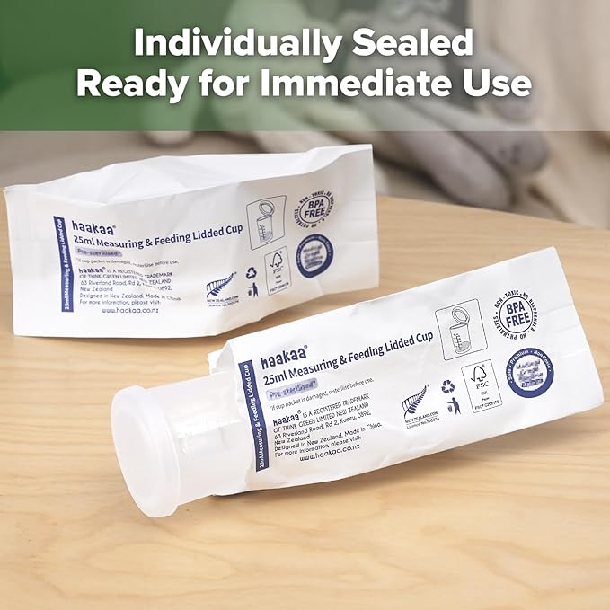 haakaa Silicone Measuring & Feeding Cup 25ml/2pcs(Pre-sterilised), Leakproof & Reusable, 3-in-1 Colostrum Collection Cup for Collect, Store & Feed, Include Cleaning Brush