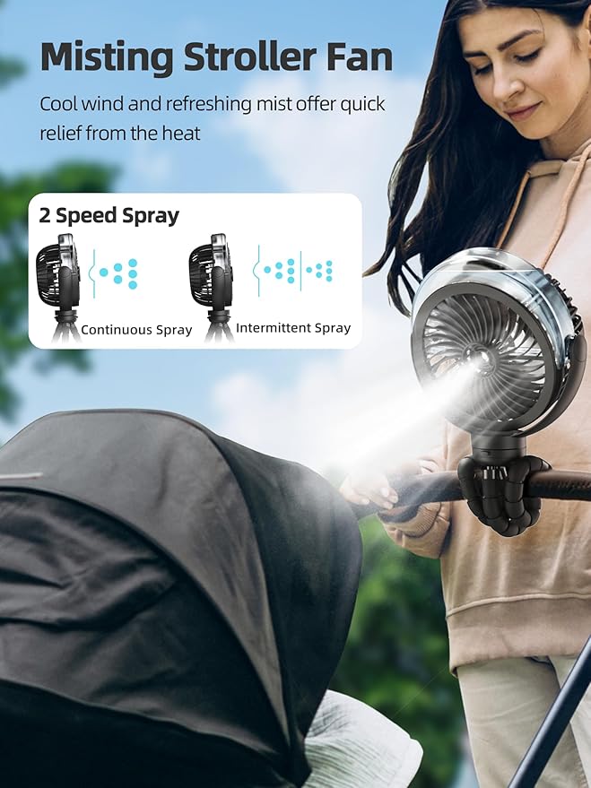 Misting Stroller Fan, 6000mAh Battery Operated Portable Fan with Light & 360° Pivoting, Personal Fans with Flexible Tripod for Baby, Office, Travel,Treadmill,Outdoors