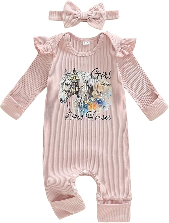 WZTYYDS Newborn Baby Girl Clothes Ribbed Romper Print Long Sleeve Jumpsuits Bow Headband Set Infant One-piece Outfits