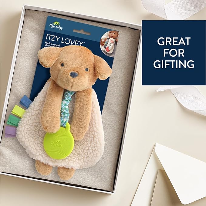Itzy Ritzy - Itzy Lovey Including Teether - Baby Lovey with Teether, Textured Ribbons & Dangle Arms - Features Crinkle Sound, Sherpa Fabric and Minky Plush (Puppy)