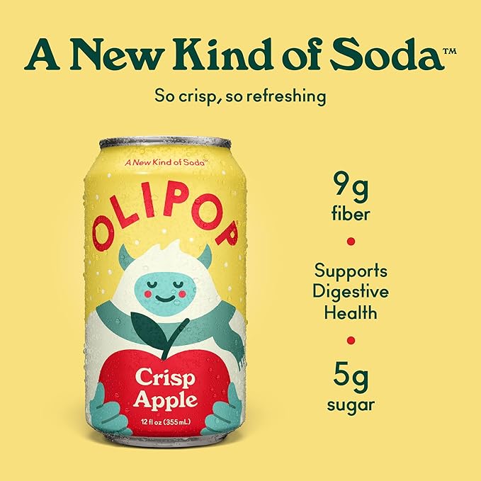 OLIPOP Prebiotic Soda Pop, Crisp Apple, Pantry Pack Packed with Prebiotics, Fiber, and Botanicals, Gluten Free, Vegan, GMO Free, 12oz (12-Cans)