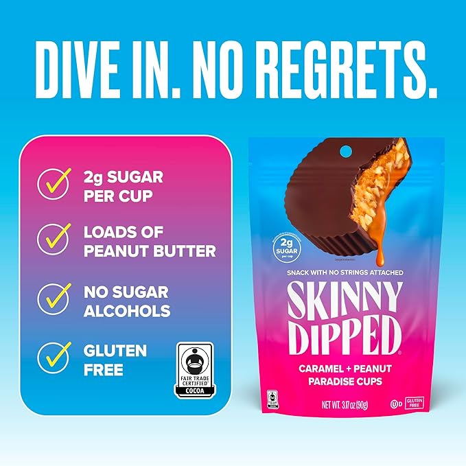 SkinnyDipped Caramel Peanut Paradise Cups, 2g Sugar per Cup, Gluten Free, Low Carb Snack, 3.2oz Resealable Bags, 6 Count (Pack of 4)