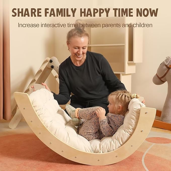 Pikler Triangle Set with Cushion Large, 5 in 1 Toddler Climbing Toys Indoor, Montessori Foldable Climbing Set for Kids, Wooden Playground Jungle Gym with Ramp, Arch and Ladder (Wooden Color)