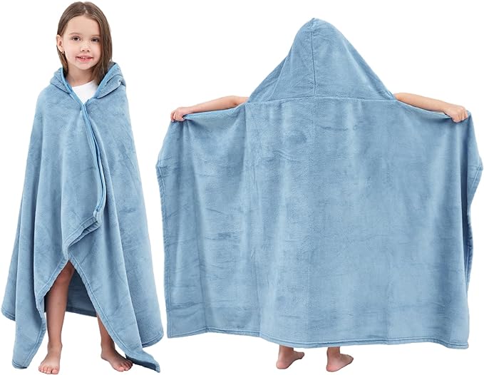 Hiturbo Kids Fleece Hooded Bath Towel: Soft Plush Pool Beach Towel Blanket - 50"x30" Toddler Towels Wrap for Boys Girls 3-12 Years (Blue)