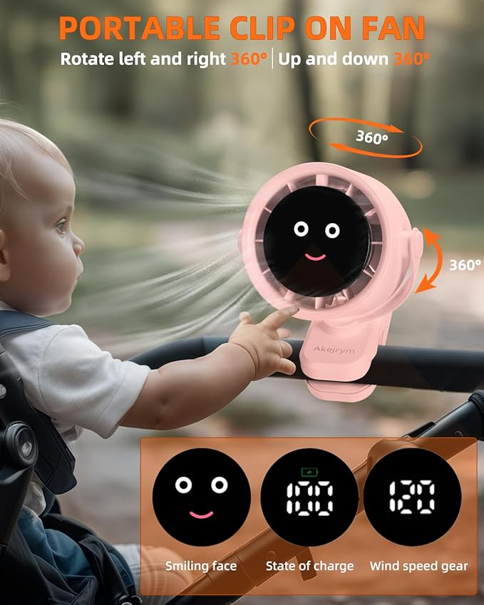 Clip on Fan for Bed, Portable Fan for Travel, Small Powerful 5 Speed Quiet 360° Rotate, Air Turbo Tech & Digital display, For Home Office Stroller Camping (Pink)