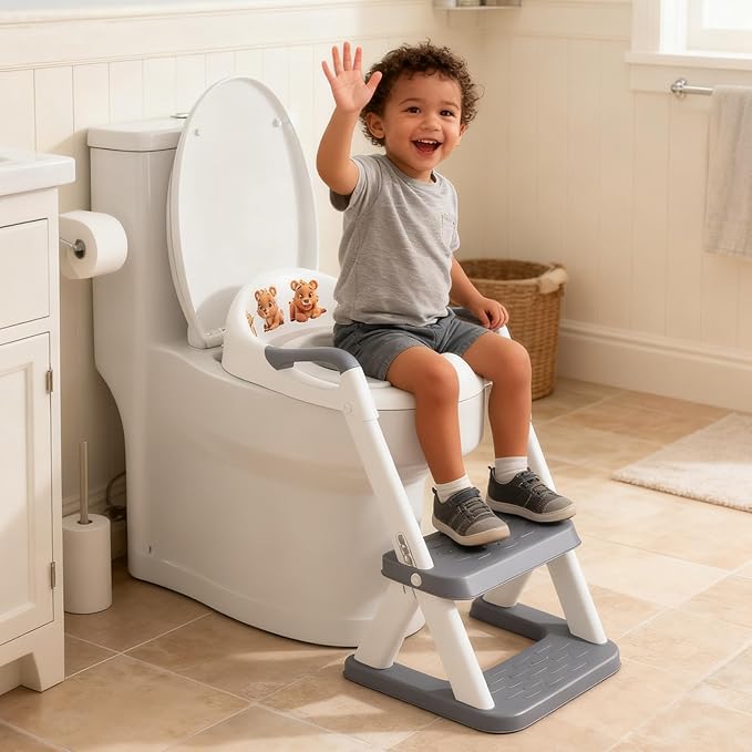 Potty Training Seat, SKYROKU 8868 Upgrade Toddler Toilet Seat for Kids Boys Girls, 2 in 1 Potty Training Toilet, Splash Guard Anti-Slip Pad Step Stool,New Sector-Shape Stabilized Base (Grey)