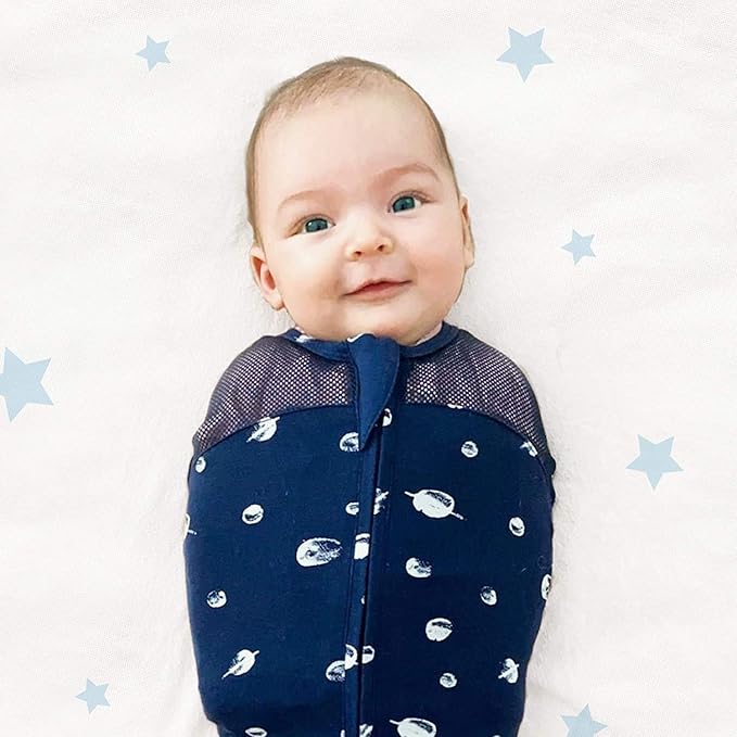 Happiest Baby Sleepea 5-Second Swaddle - 100% Organic Cotton Baby Swaddle Blanket - Doctor Designed Promotes Healthy Hip Development (Midnight Planets, Large)