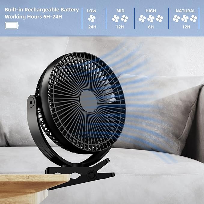 Clip Fan, 8 Inch Mini Quiet Desk Fan, 10000mAh USB Rechargeable Battery Operated Clip on Fan, USB Desk Fan, Portable Personal Small Fan For Desk, Office,Golf Cart