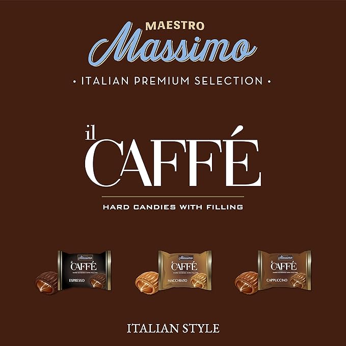 Maestro Massimo Center Filled Hard Pocket Coffee Candy, 3mg Caffeine per Candy, Individually Wrapped, Macchiato, Espresso, Cappuccino Flavored, 7.05 oz Bag - Variety Pack of 12