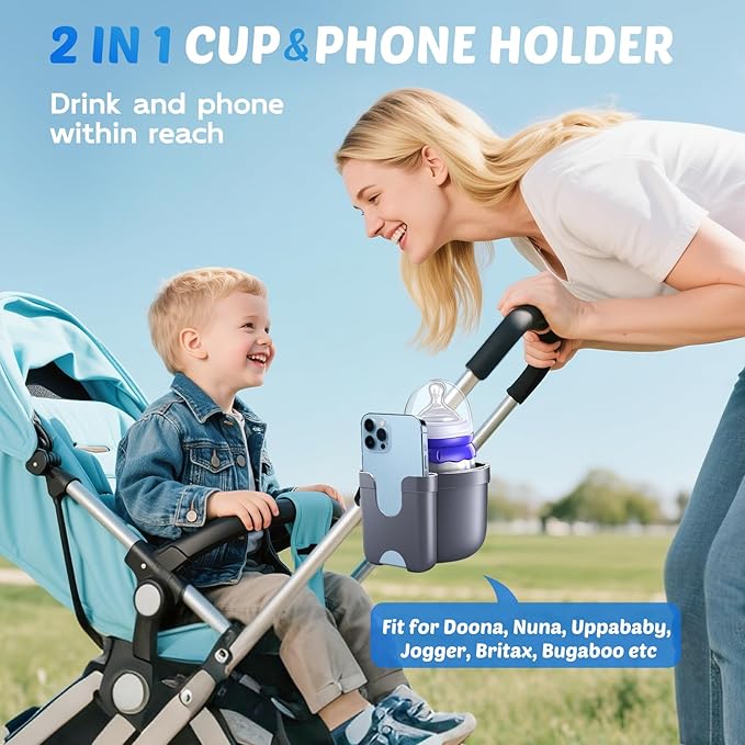 Guiseapue Cup Holder for Walker: Stroller Cup Holder Attachment with Phone Holder, Wheelchair/Stroller Accessories for Uppababy, Nuna, Doona, Rollator, Bike, Scooter, Baby Travel Essential