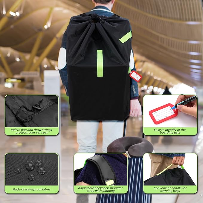 Waterproof Car Seat Travel Bag, Suitable for Airplane and Air Travel, Durable Cushioned Backpack Design, Suitable for Strollers, Height Increasing Seats, Convertible Seats, with 1 Luggage Tag