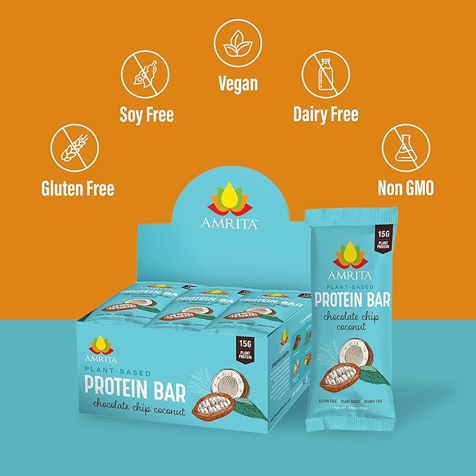 Amrita Nut Free Vegan Protein Bars (12 CT PK of 3) | Chocolate Chip Coconut 15g Plant-Based Protein Bar | Peanut-Free, Gluten Free, and Dairy-Free | No Added Sugar, Healthy Snacks for Kids/Adults
