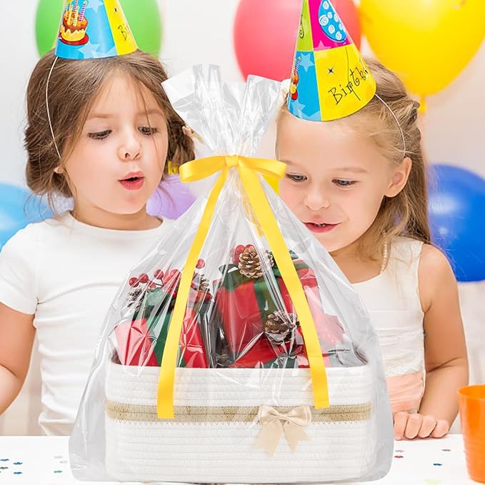 OIAHOMY Large Woven Storage Basket with Handles for Nursery Living Room Shelves, Bow Basket for Gifts Empty with Gift Bags and Ribbons for Baby Showers Pet Toy Bin - White