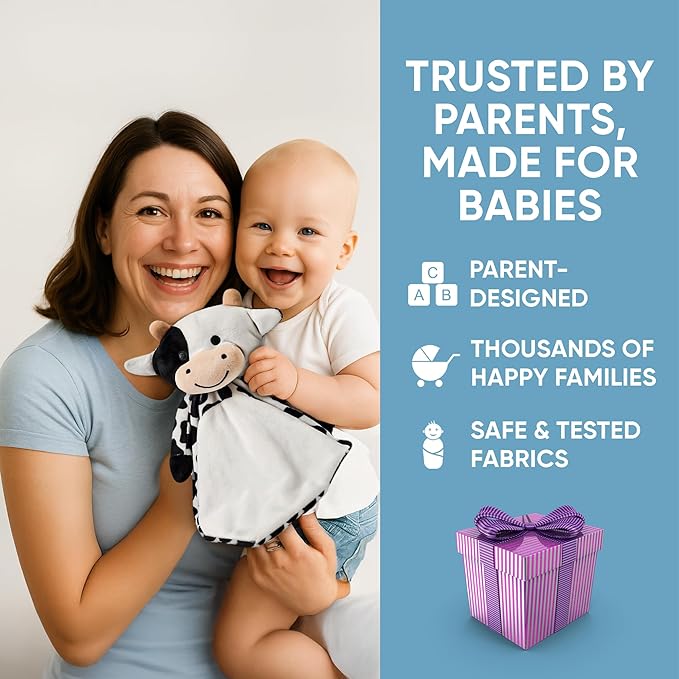 Love By Emi Baby Music Lovey Black & White Cow, Baby Sleep Soother for Crib & Cuddle Bedtime, White Noise with Heartbeat & Lullaby, Plush Sound Toy, Stuffed Animal for Newborns, Infants & Toddlers