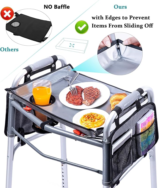 BAGSFY Walker Tray with Cup Holder & 2 Side Pockets, Folding Walker Table for Seniors | Sturdy, Easy-Clean Tray with PEVA Surface | Universal Fit for Standard Walkers, Walker Accessory for Elderly