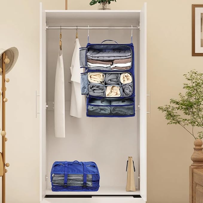 TABITORA Travel Portable Hanging Shelves Closet Organizer Packing Luggage Organizer and Storage with Multifunctional and Foldable Invisible Compartment,Lightweight,for Suitcase, RV,Closet…Blue,XL