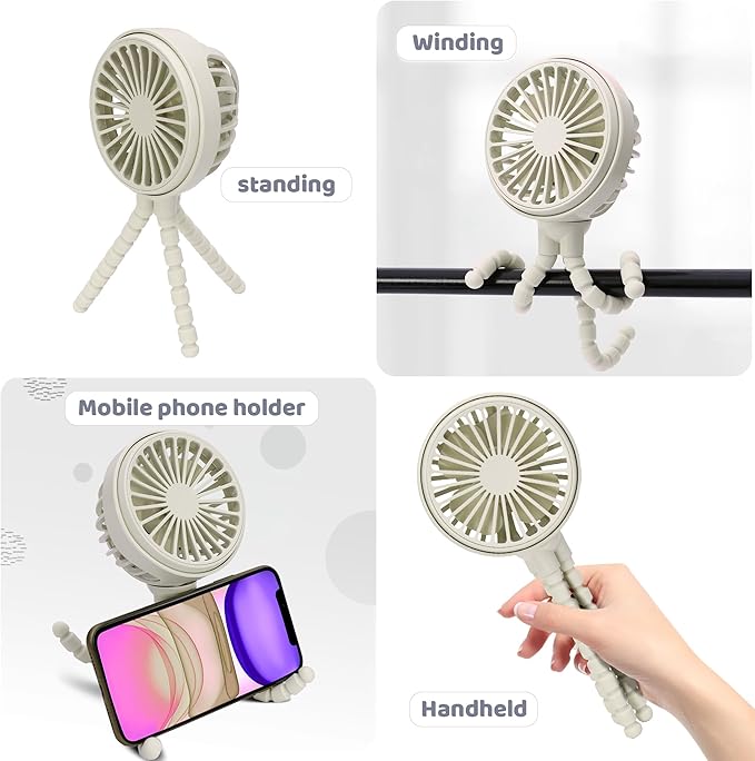 LAT Stroller Fan Flexible Tripod Clip On Fan,Portable Fan Car Seat Baby Fan with Flexible Tripod (White)