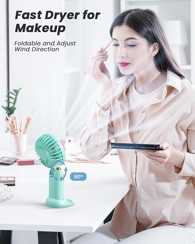 Portable Handheld Fan, 4000mAh Battery Operated Fan with LED Display, Handheld/Neck/Desk 3 in 1 Personal Small Fans, 90° Foldable Desk Fan with Base, 5 Speed Makeup Lash Fan for Women Green
