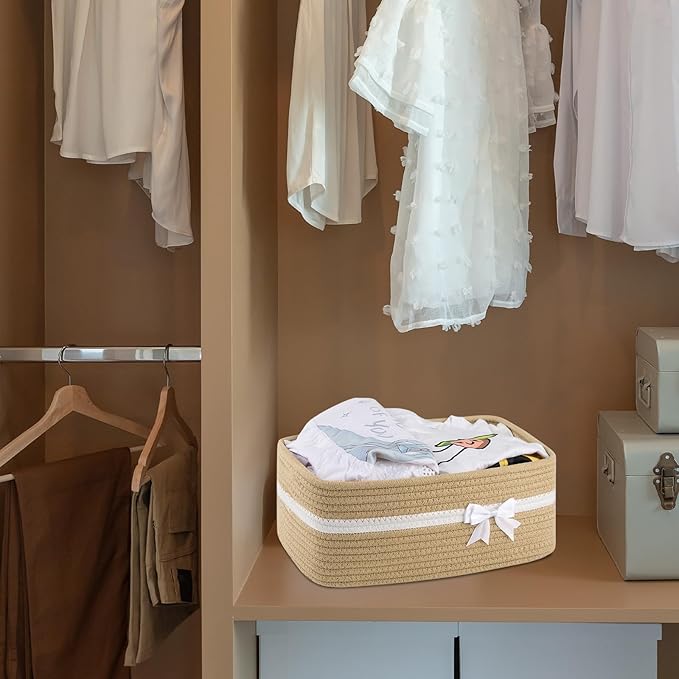 OIAHOMY Large Woven Storage Basket with Handles for Nursery Living Room Shelves, Bow Basket for Gifts Empty with Gift Bags and Ribbons for Baby Showers Pet Toy Bin - Yellow