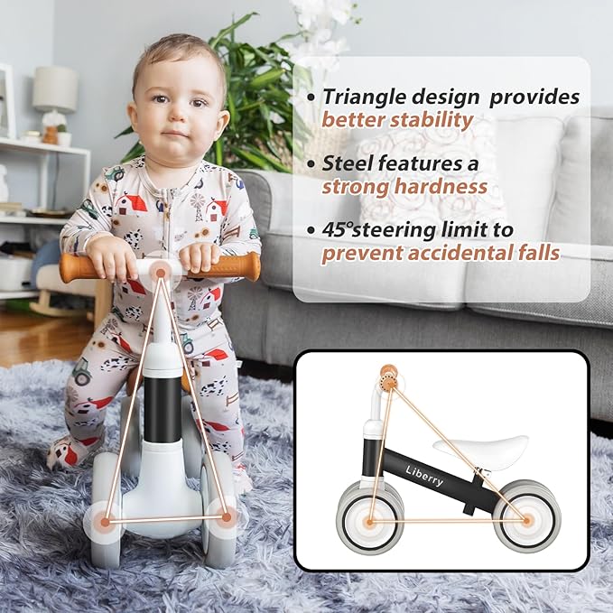Liberry Baby Balance Bike for 1 Year Old Boys, 4 Wheels Toddler Balance Bike with Adjustable Seat, 12-24 Months Infant's First Birthday Gift (Black)