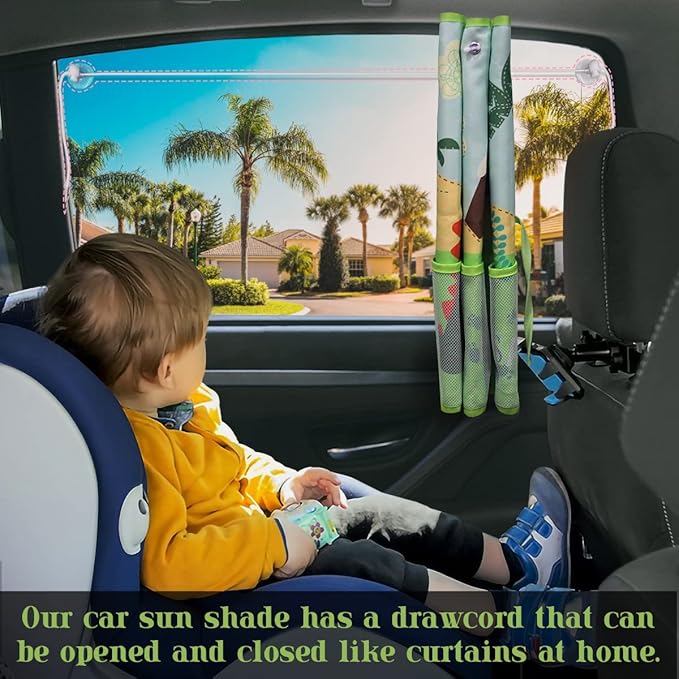 Car Window Shade for Baby, 2 Pack Car Sun Shades with Storage Pockets Car Window Curtain 7 Suction Cups Dinosaurs Pattern for Sun/Heat/UV Rays Protection