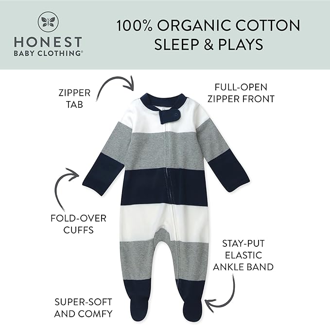 HonestBaby Sleep & Play Footed One-piece Pajama Sleeper 100% Organic Cotton, Baby Boys
