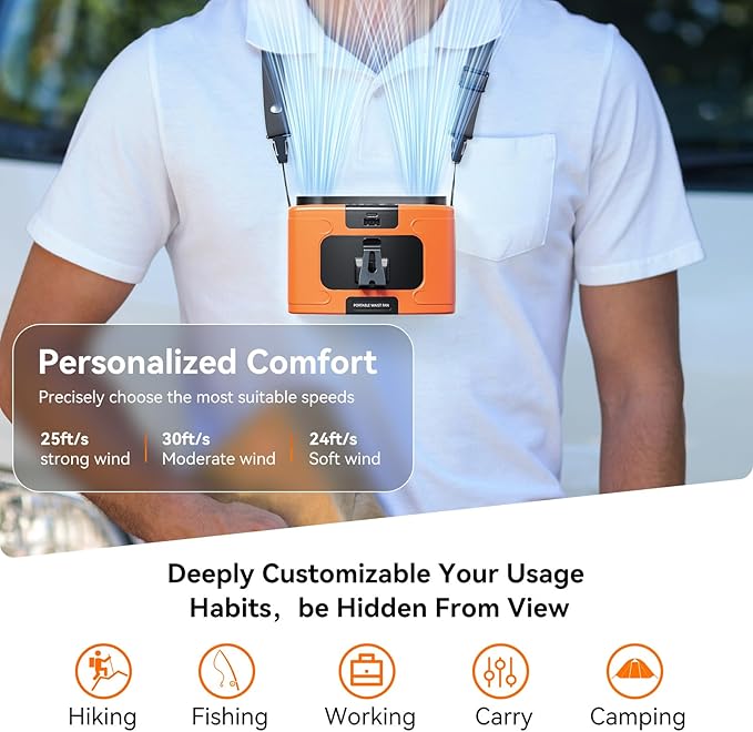 10000mAh Personal Waist Fan, USB Rechargeable Clip The Waist For Working,10 Speed & 40H Cooling and Heatstroke Prevention For Outdoor Travel Camping (K60-orange, 12000mAh)