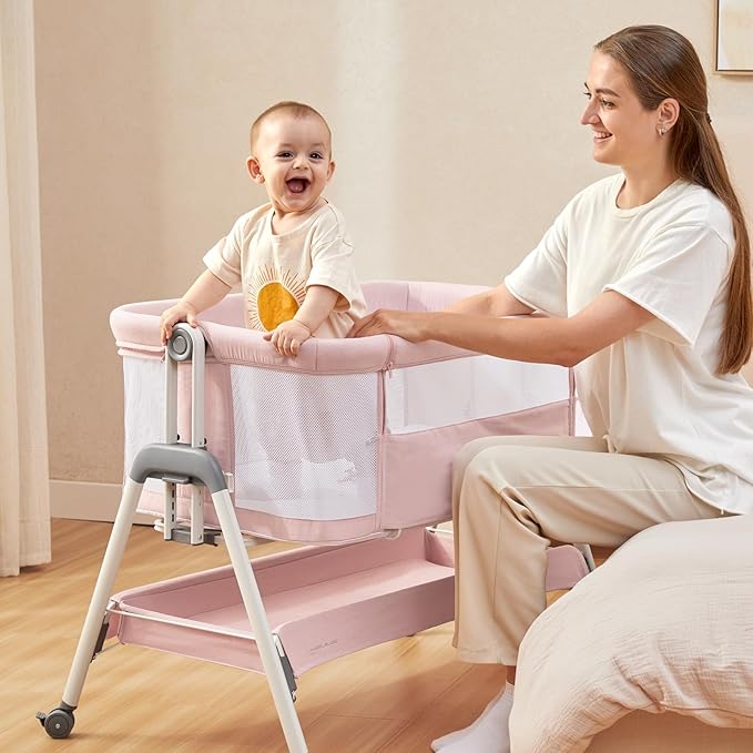 ANGELBLISS Baby Bassinet Bedside Sleeper, Easy Folding Portable Bassinet for Baby Girl with Wheels, Adjustable Height, Included Mattress (Pink)