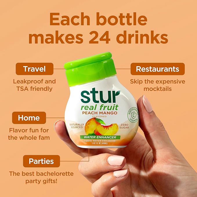 Stur Liquid Water Enhancer | Peach Mango | Sweetened with Stevia | High in Vitamin C & Antioxidants | Sugar Free | Zero Calories | Keto | Vegan | 5 Bottles, Makes 120 Drinks