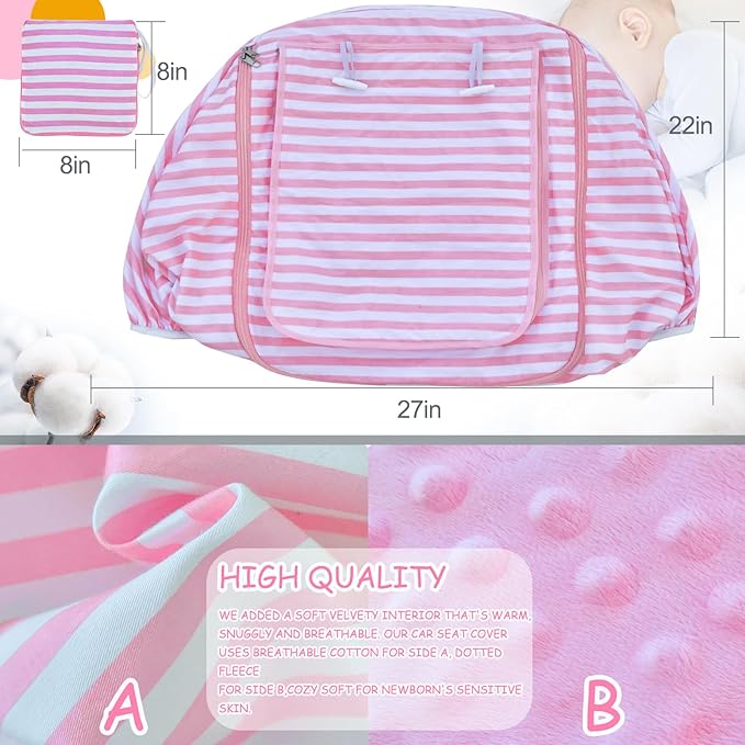Car Seat Covers for Babies,Baby Car Seat Cover for Boys Girls, Windproof Infant Carseat Cover,Kick-Proof Car Seat Canopy with Breathable Mesh Peep Window(Pink Stripe)