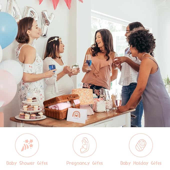 Baby Shower Gifts, Baby Girl Gifts Basket, Unique Baby Gift Essential Stuff Set - Baby Lovey Blanket New Born Bibs Socks Wooden Rattle & Greeting Card, Newborn Baby Gift Set (Fox, Pink)