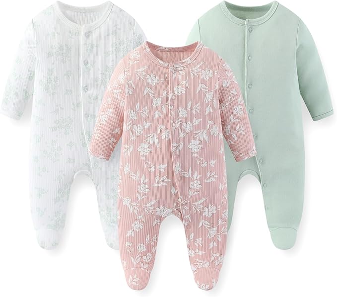 Unisex Baby Boy Girl Footies Rompers Cotton Long Sleeve 3 Pack Infant Jumpsuits 0-12Months Babies' Outfits