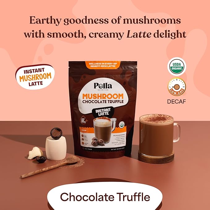 Organic Chocolate Truffle Instant Latte - Hot Chocolate Blend - Vegan, Non-GMO, Mushroom Coffee Organic - Reishi, Chaga, Lion's Mane, Turkey Tail - Mushroom Latte Supplement, Caffeine-Free 30 Servings