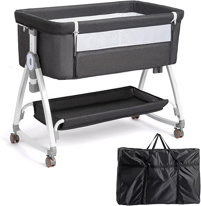 JOYMOR 3 in 1 Baby Bassinet, Bedside Bassinet for Baby, with Comfy Mattress and Wheels, 6 Height Adjustable Easy Folding Portable Bedside Crib for Newborn (Black)