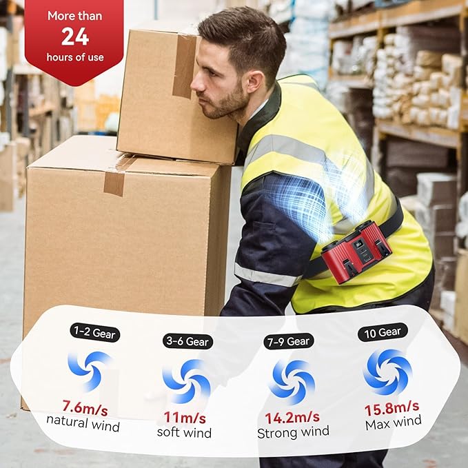 12000mAh Personal Waist Fan, USB Rechargeable Clip The Waist For Working,10 Speed & 40H Cooling and Heatstroke Prevention For Outdoor Travel Camping (Red, 12000mAh)