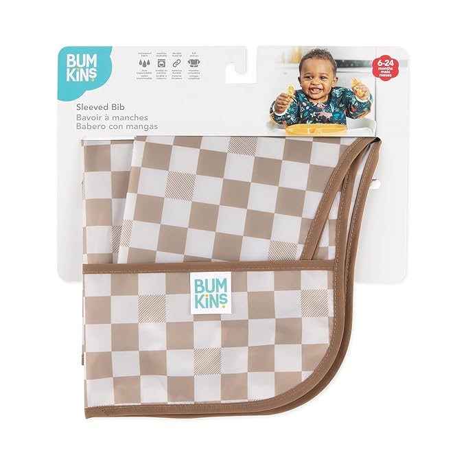 Bumkins Sleeved Bib for Girl or Boy, Baby and Toddler for 6-24 Mos, Essential Must Have for Eating, Feeding, Baby Led Weaning Supplies, Long Sleeve Mess Saving Food Catcher, Soft Fabric, Beige Check