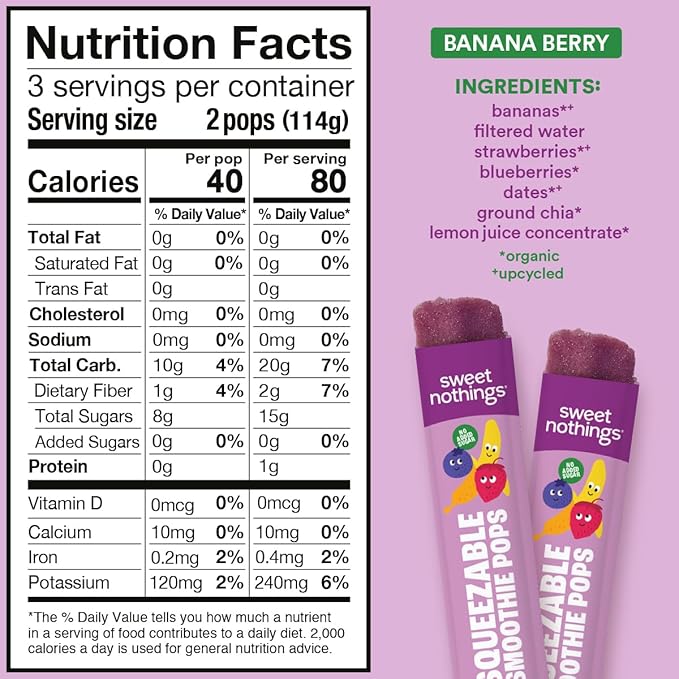 Sweet Nothings, Banana Berry, USDA Organic Kids' Squeezable Fruit Smoothie Popsicle Pops, Value Pack of 24 - Dye-Free, No Added Sugar, Dairy-Free, Vegan, Healthy Organic Fruit Pops, Freeze & Enjoy
