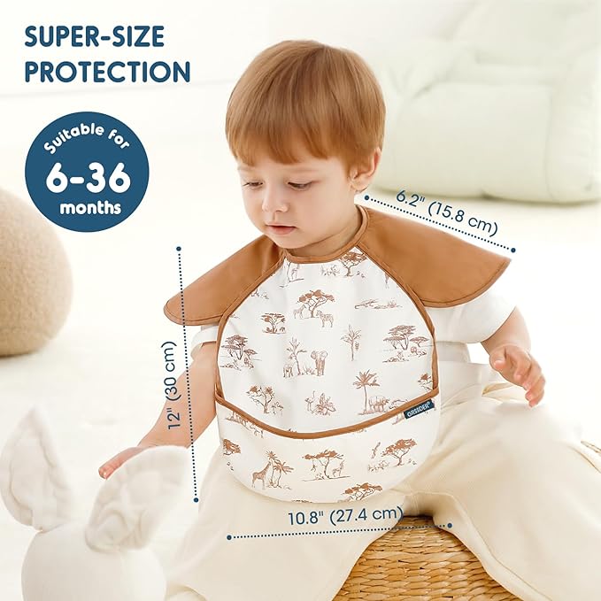 GRSSDER 3-pack Mess Proof Baby Feeding Bibs with Food Catcher Pocket, Soft Lightweight Waterproof Fabric Material with Zero Plastic-like Feel, Adjustable and Easy Clean Toddler Bibs for 6-36 Months