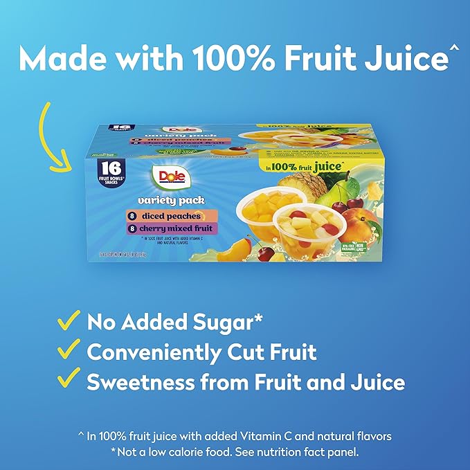 Dole Diced Peaches and Cherry Mixed Fruit in 100% Juice Variety Pack - Dole Fruit Bowls Snacks - 4 oz Bowls - 16 Pack