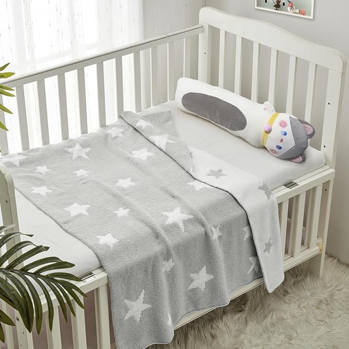 CREVENT 30"X40" Cozy Soft Warm Chenille Baby Blanket for Girls Boys, Newborn Essentials for Infant, Baby Shower Receiving Gift - Grey Star