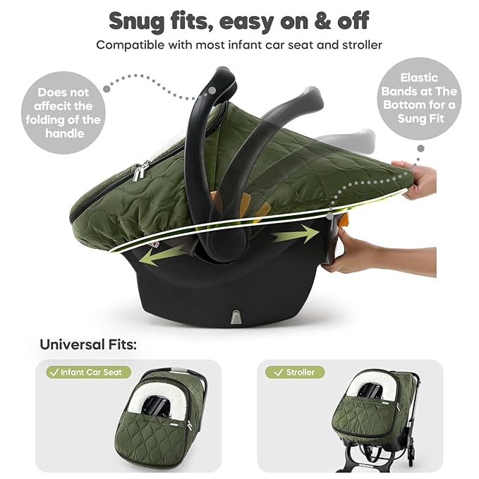 Winter Baby Car Seat Cover, Waterproof, Windproof Warm Fleece Breathable with Full Zipper for Newborn Car Seat, Green