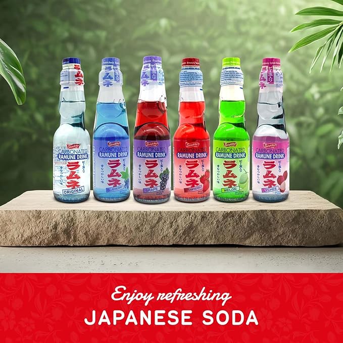 Shirakiku Ramune Japanese Soda Variety Pack | Japanese Marble Soda in Multiple Flavors | Original, Strawberry, Melon, Lychee, Grape, Blueberry - 6.76 fl oz Bottles - Pack of 6