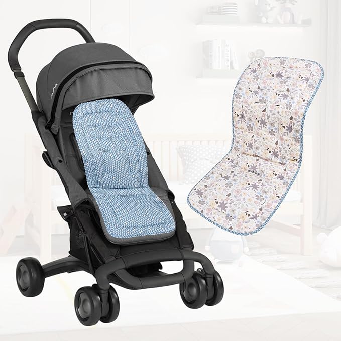 Baby Stroller Cushion,Infant Car Seat Insert-Reversible Universal Breathable and Soft Newborn Stroller Mat,100% Cotton Cover Toddler Seat Pad Liner-34x78cm,1 Pack(Colorful Flowers+Blue Triangle)