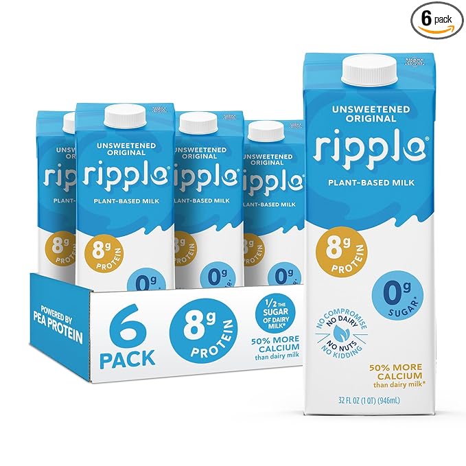 Ripple Unsweetened Original Plant Based Milk | 8g of Quality Sourced Pea Protein, Calcium Rich | Shelf Stable | Vegan, Non GMO | Dairy, Soy, Nut, & Gluten Free | 32 Fl Oz Cartons (Pack of 6)