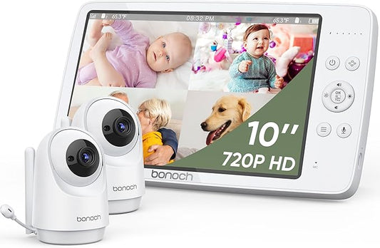 bonoch MegaView Baby Monitor, 10" Video Monitor with 2 Cameras, 10000mAh Battery, Quad Split Screen Baby Monitor with Camera and Audio, VOX Mode, Auto Night Vision, Remote PTZ, Hack Proof