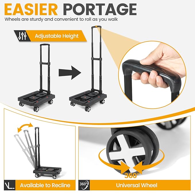 Orzbow Car Seat Dolly for Airport, Folding Car Seat Travel Cart with 4 Wheels and Adjustable Handle, Carseat Roller for Airplane Travel with Straps, Compact Luggage Hand Trolley, Black