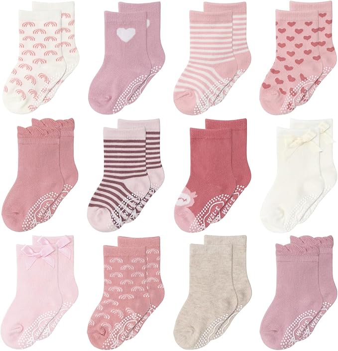 The Peanutshell Organic Baby Girl Socks 0-24 Months Set of 12 - Non-Slip Grip, Soft Cotton Newborn & Toddler Socks - Blush