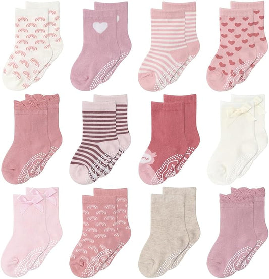 The Peanutshell Organic Baby Girl Socks 0-24 Months Set of 12 - Non-Slip Grip, Soft Cotton Newborn & Toddler Socks - Blush