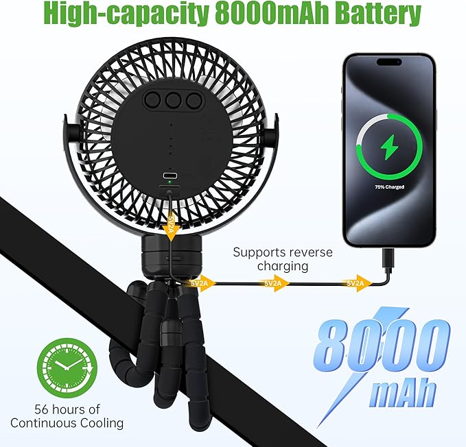 10L0L Golf Cart Fan - Universal Mount, 8000mAh Battery, 3-Speed Fan, LED Light, 56-Hour Runtime, Reverse Charging Function for Yamaha EZGO Club Car Golf Cart, Black