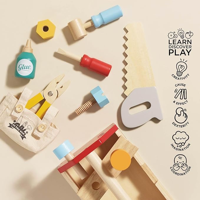 Le Toy Van - Cars & Construction Educational Wooden Tool Box Play Set for Role Play | Boys Pretend Play Wooden Tools - Suitable for 3 Year Olds and Older, Tool Box 12 Piece Set